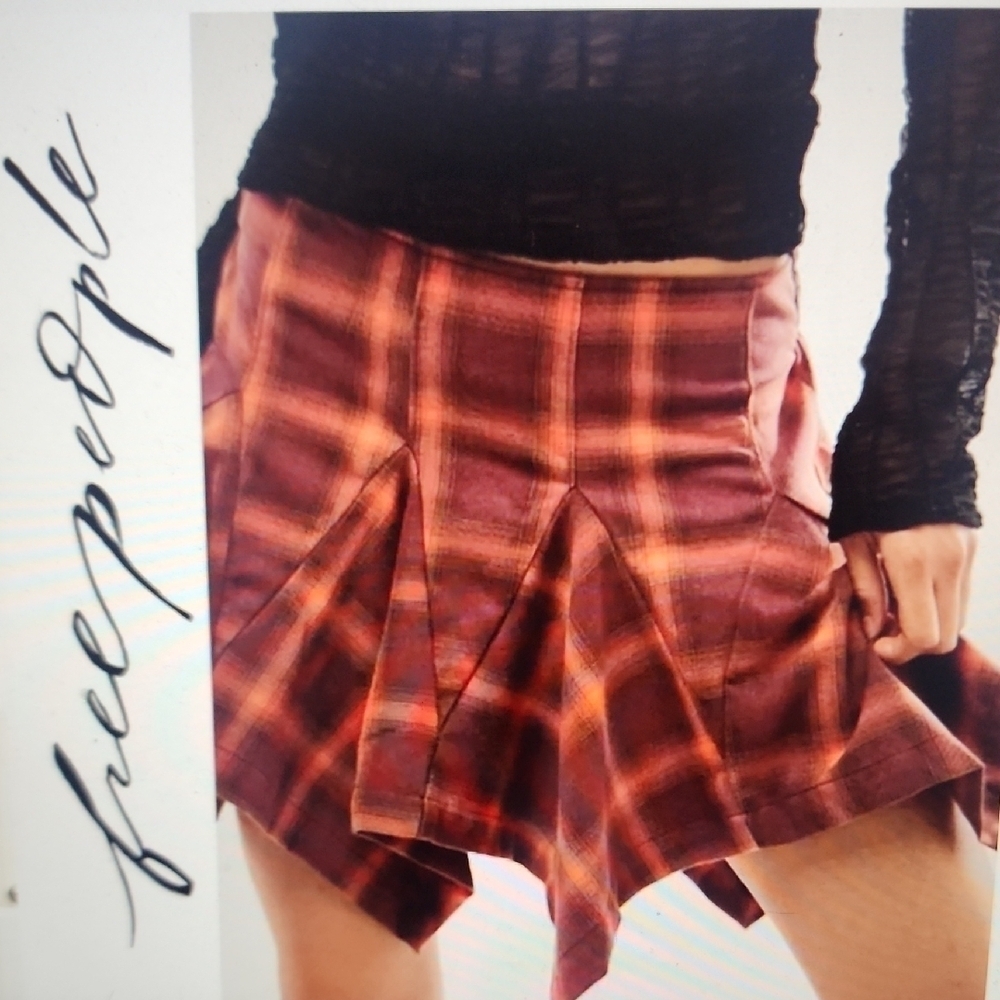 Free People Asymmetrical Xia Skirt - Red and Orange Plaid Size S